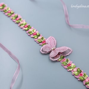 BUTTERFLY HEADBAND Baby, Newborn Floral Photo Prop, Infant Lace Head Band, Pink Mauve Hairband, First Birthday Girl Tieback Head Piece