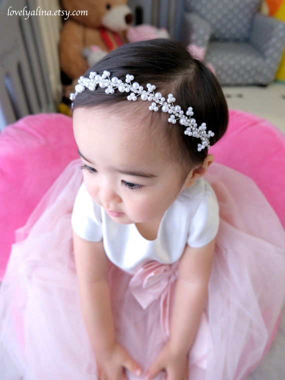 Pearl Baby Girl Headband, Rhinestone Tiara Baby Head Piece, Jewel - Main Image