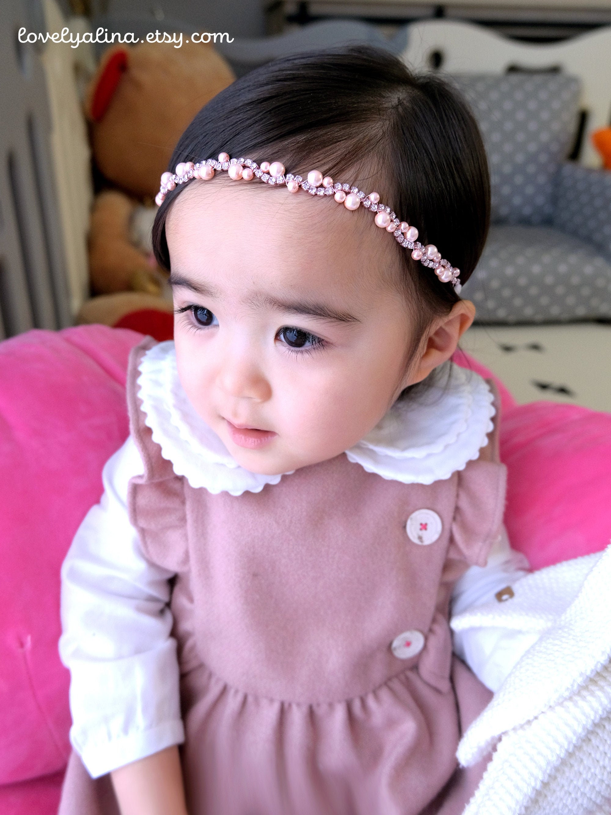 PINK PEARLS JEWEL Girl Headband Baby Girls First Birthday Etsy