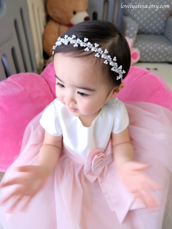 Pearl Baby Girl Headband, Rhinestone Tiara Baby Head Piece, Jewel