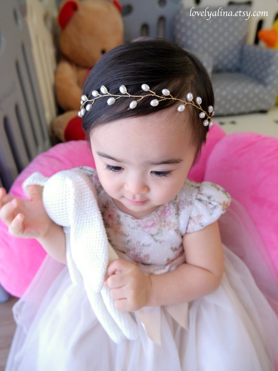 PEARL CROWN BABY Girls Headband, Toddler Hairband, Flower Girl Wreath,  Adult Head Band, Baptism Head Piece, Christening Hair Band 