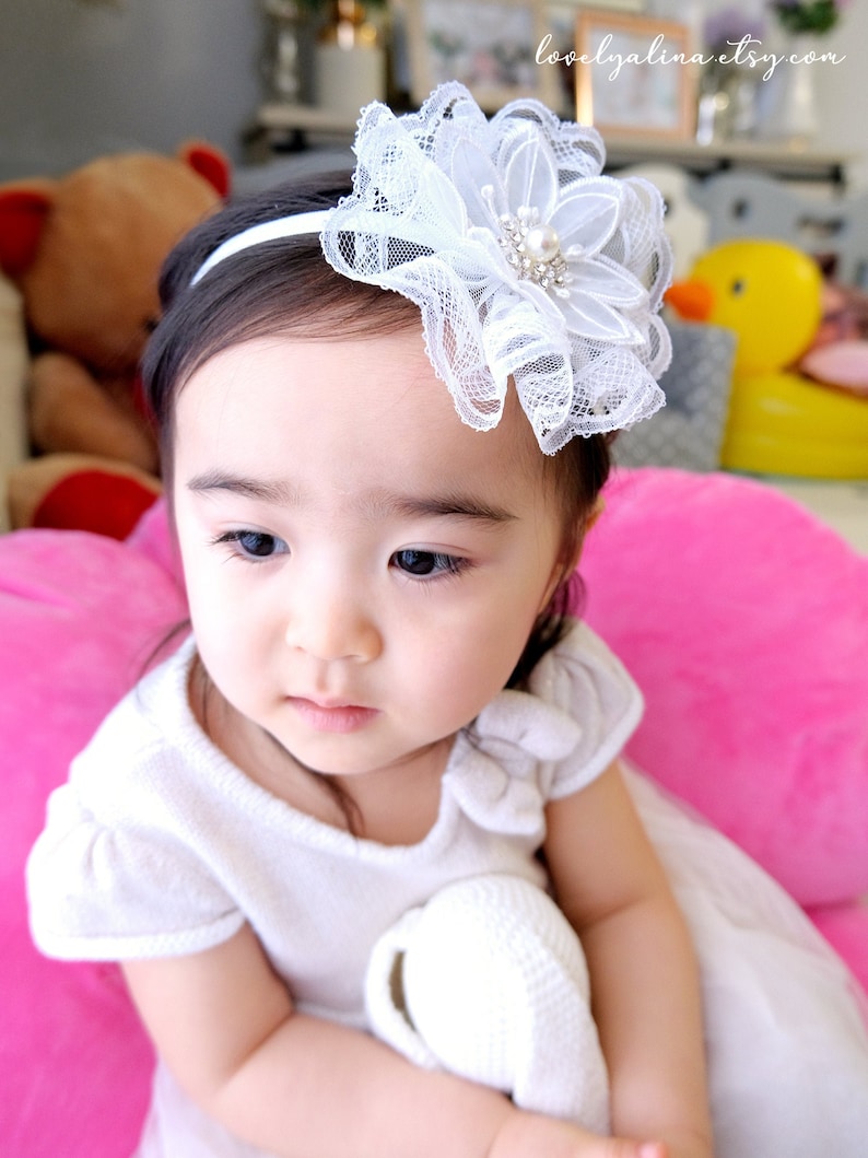 Toddler Hair Band Infant Baptism Baby Head Piece Organza Floral Tulle Lace Girls Fascinator Headband Children First Birthday Head Bands