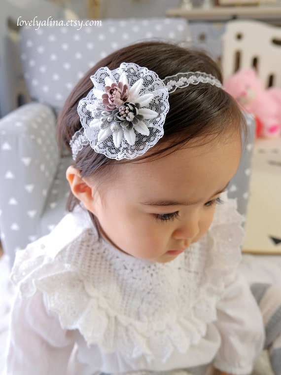 NEUTRAL BABY Fascinator Newborn Lace Head Band Light Gray Floral