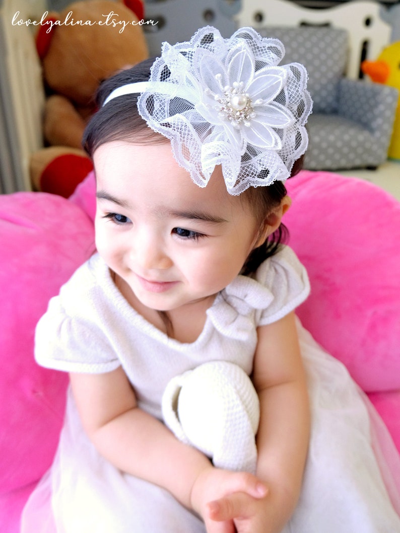 Toddler Hair Band Infant Baptism Baby Head Piece Organza Floral Tulle Lace Girls Fascinator Headband Children First Birthday Head Bands