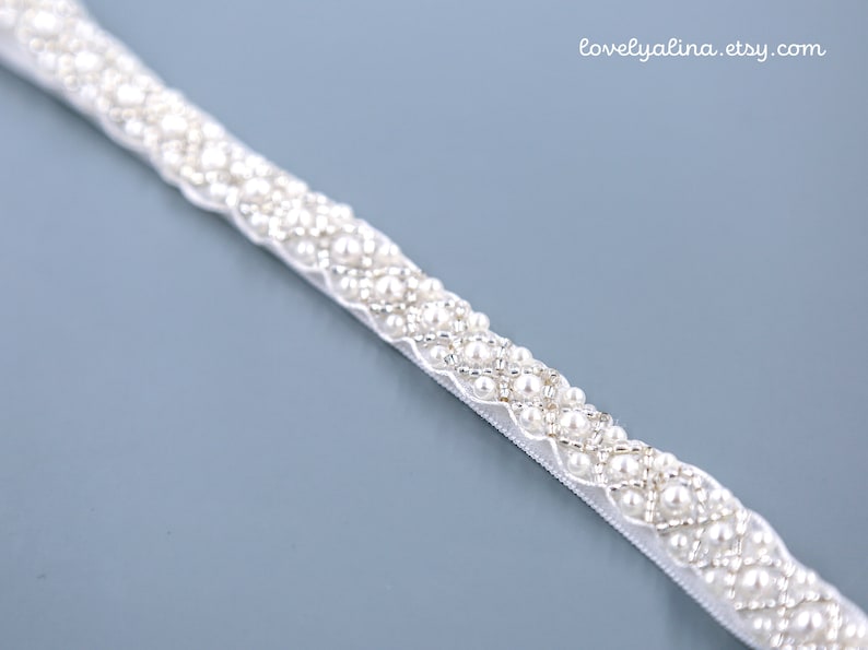 Toddler Head Piece Infant Baptism Head Band Girls Beaded Skinny Hairband DAINTY PEARL Newborn Baby Headband Christening Hair Band