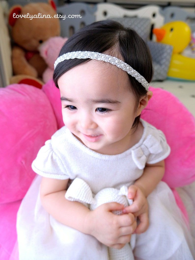 Toddler Head Piece Infant Baptism Head Band Girls Beaded Skinny Hairband DAINTY PEARL Newborn Baby Headband Christening Hair Band