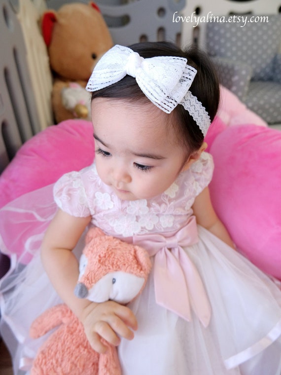 Fascia Capelli Neonato Con Fiocco Pizzo - Bianco, Per Battesimi E Feste - Foto 6