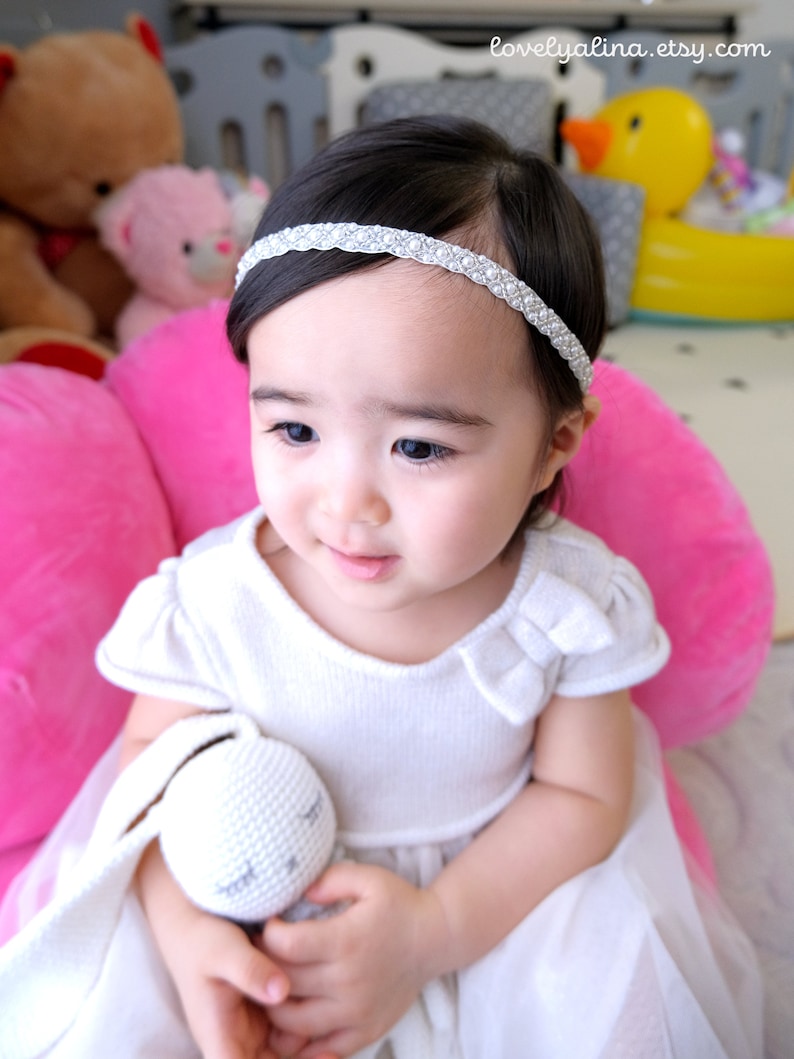 Toddler Head Piece Infant Baptism Head Band Girls Beaded Skinny Hairband DAINTY PEARL Newborn Baby Headband Christening Hair Band