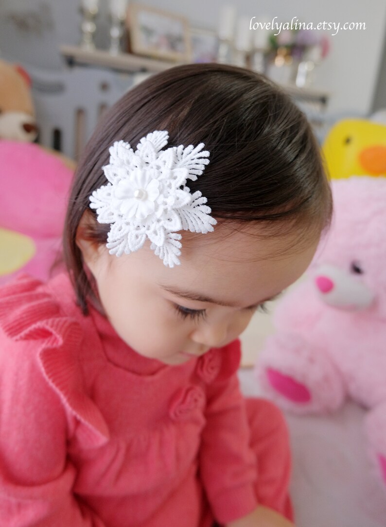 Little Girls Head Band Photo Prop Toddler Hair Pin SNOWFLAKE LACE Hair Clip Winter White Baby Headband Christmas Girl Hairband