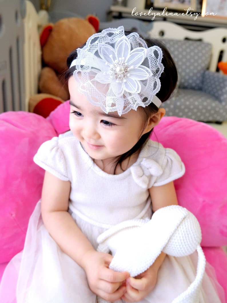 Toddler Hair Band Infant Baptism Baby Head Piece Organza Floral Tulle Lace Girls Fascinator Headband Children First Birthday Head Bands