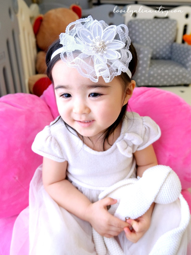 Toddler Hair Band Infant Baptism Baby Head Piece Organza Floral Tulle Lace Girls Fascinator Headband Children First Birthday Head Bands
