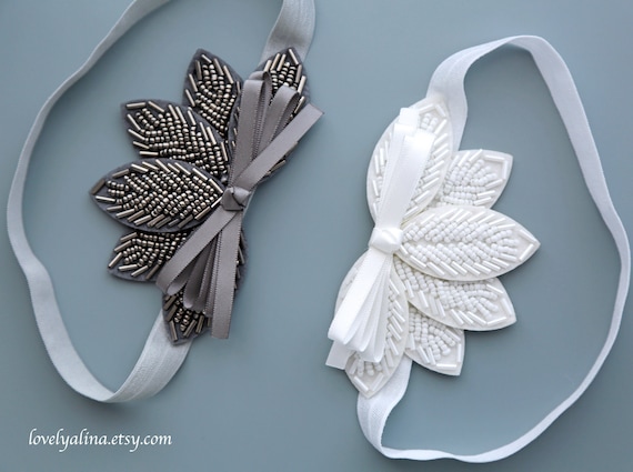 BEADED TROPICAL LEAVES Baby Headband, Flower Girl Flapper 