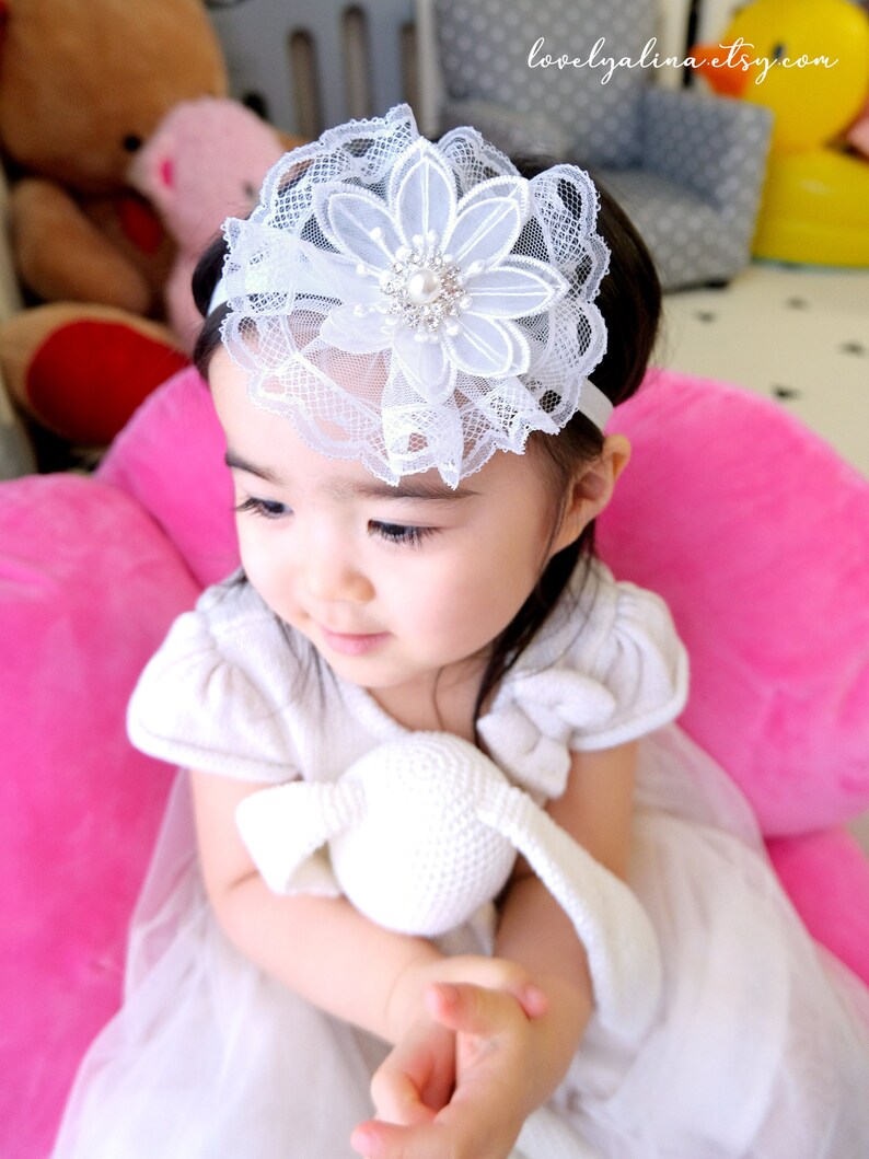 Toddler Hair Band Infant Baptism Baby Head Piece Organza Floral Tulle Lace Girls Fascinator Headband Children First Birthday Head Bands