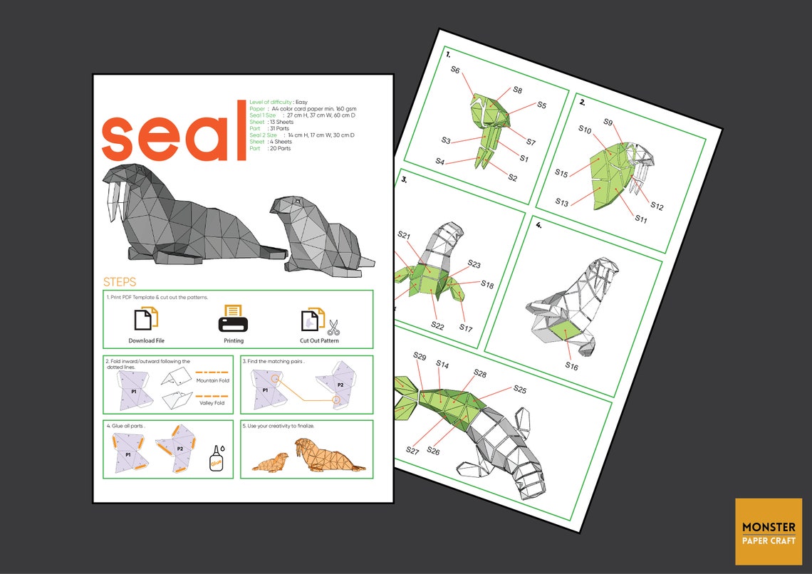 Seal Digital Template PDF Paper Craft Seal Origami Seal | Etsy