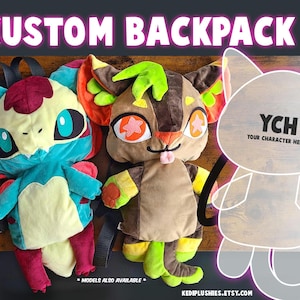 May include: Three plush backpacks, one blue and yellow, one brown and green, and one white outline of a cat with the text "YCH Your Character Here". The backpacks are on a wooden surface.