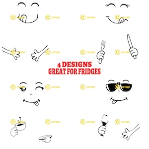 Lustige Gesichter für Kühlschrank 12 Digitale Bilder SVG PNG JPG Download Print geschnitten Home Schilder Küche Kochen Backen Aufkleber Tassen Gabel und Messer