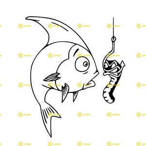 May include: A black and white line drawing of a fish with a large, round eye looking at a worm on a hook. The fish appears to be surprised or scared.
