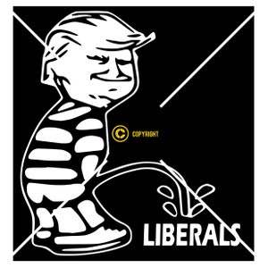 May include: Black and white illustration of a person in a striped outfit squatting with the word "LIBERALS" below. The image is a political cartoon.