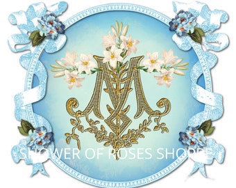 Monogram Matki Boskiej – złota litera M z liliami (pobranie cyfrowe)