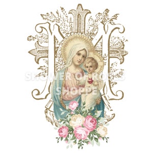 Virgin Mary Sacred Heart of Jesus Catholic Digital Print - Catholic Clipart - Graphics - Printable- Shower of Roses Shoppe