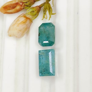 May include: Two teal gemstones with emerald cuts are shown. The top stone is octagonal, the bottom rectangular. A sprig of cream flowers with green stems is in the upper left. The background is white with vertical lines. The gemstones are likely for jewellery.