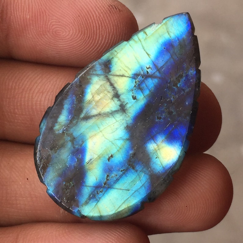 Beautiful Carving Labradorite Cabochon Gemstone Use For Jewelry Natural Unique Flashy Labradorite Gemstone pear Shape Size-42x27x5 MM 50 Ct