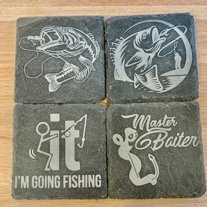 Fishing Slate Stone Coasters. Set of four 4”x4”. Birthday, anniversary, gifts for him, gifts for her, wedding gift