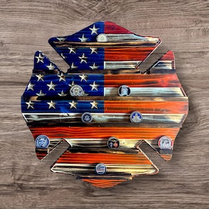 Maltese Cross Firefighting Challenge Coin Holder | Rustic Wooden Display | Custom Firefighter Gift, Holds 50 coins.