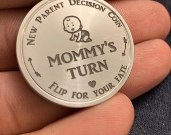 New parent decision coin, daddy’s turn, mommy’s turn, baby shower, gift. Gag gift, Children and toddler, Stork