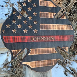 Custom Wooden American Flag Maltese Cross - Thin Red Line Firefighter Wall Decor with Personalized Name, Rank, Number, or Department