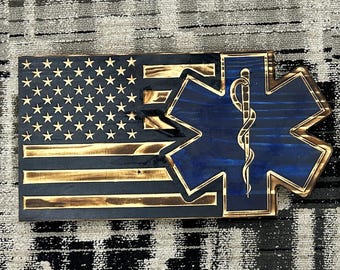 Carved Wooden American Flag for EMS - Black Flag with Blue Star of Life | Tribute for Paramedics, EMTs & First Responders | 4 Sizes