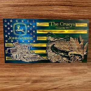 Fully Custom Giant Carved John Deere Name/business flag. Combine with Farm and Corn scene