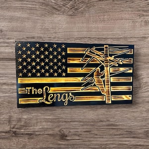 Rustic Carved Wooden American Flag – Lineman Tribute Design – Customizable with Name, Message, or Logo – 4 Sizes Available