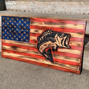 Bass Fish Carved Flag. Other animals available. Custom carved rustic flag! Fishing Flag.