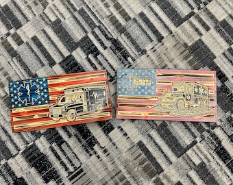 Carved Wooden American Flag for EMS - Old and New Carved Ambulance | Tribute for Paramedics, EMTs & First Responders | 4 Sizes