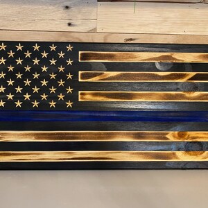 Thin Blue Line Carved Rustic American Flag