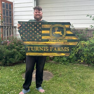 Wooden Carved Custom State John Deere Name/business flag. Multiple State designs.