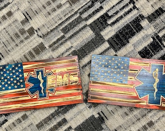 Carved Wooden American Flag for EMS - Star of life designs | Tribute for Paramedics, EMTs & First Responders | 4 Sizes
