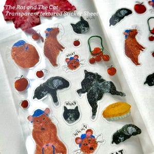 Transparent Textured Sticker Sheet, Animal Sticker Sheet, Rat and Cat Sticker, Apple Sticker, Cute Sticker, Journal Sticker