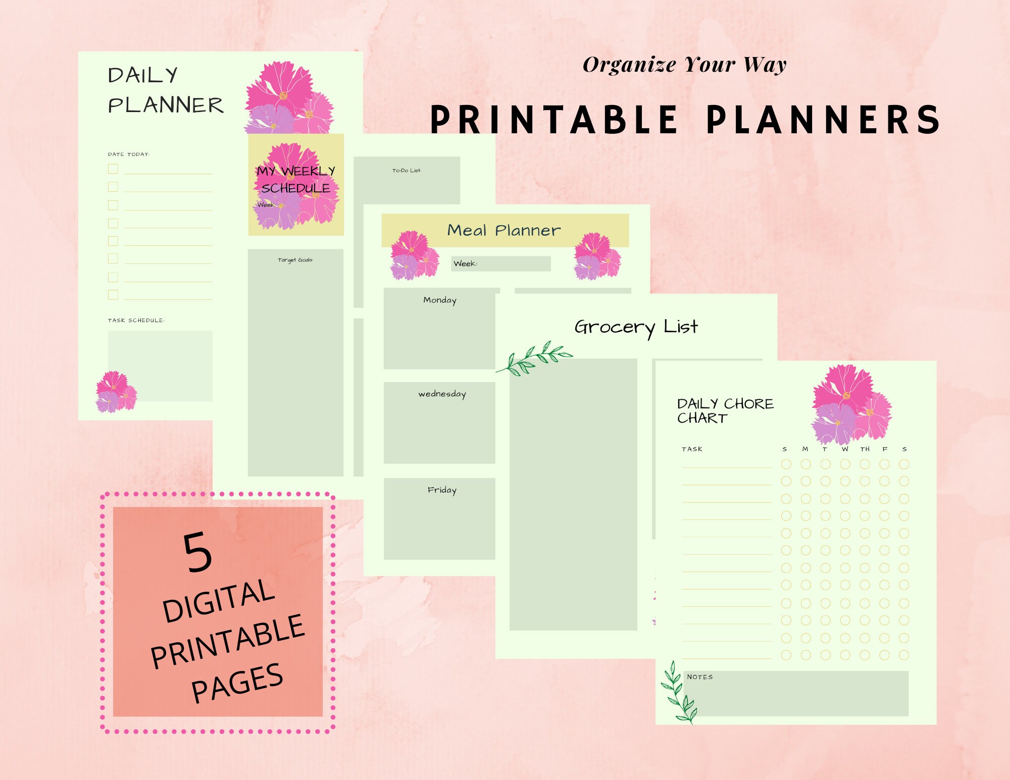 Green With Pink Flowers Planner Digital Download Planner Etsy