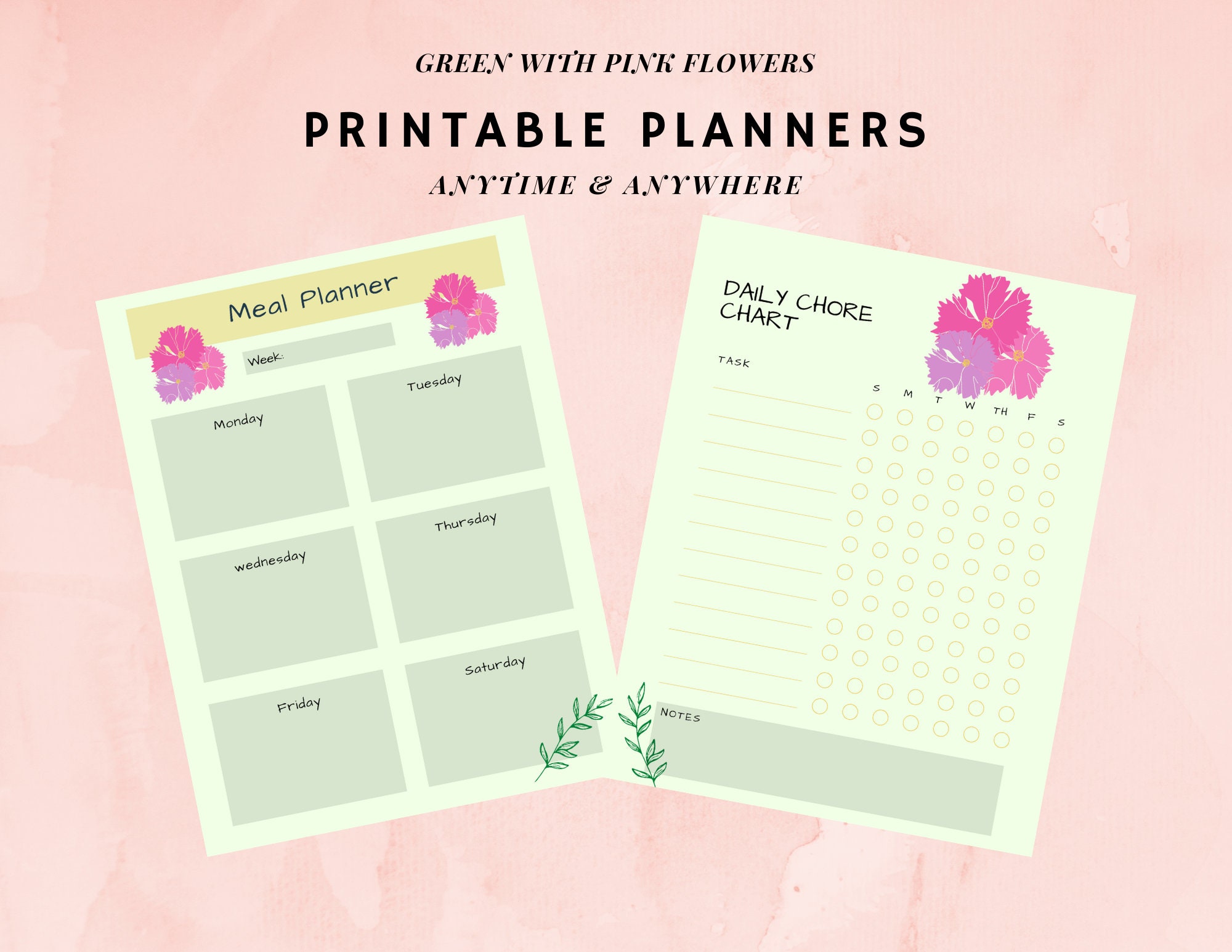 Green With Pink Flowers Planner Digital Download Planner Etsy