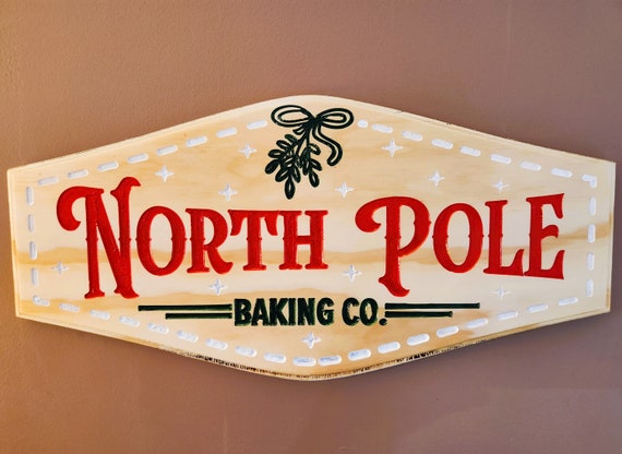 Wall Art Engraved Hand Painted Wood Christmas Sign Santa North Pole Baking Company, Farm House 21" x 10"