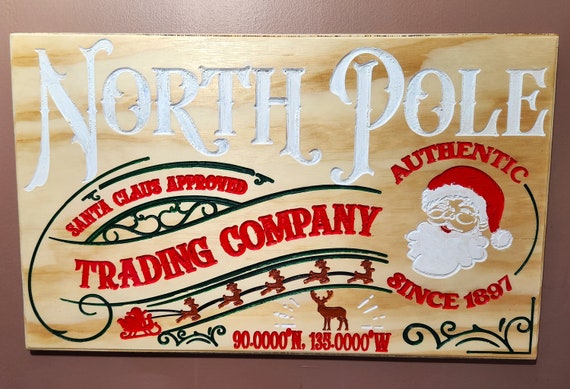 Wall Art Engraved Hand Painted Wood Christmas Sign Santa North Pole Trading Company, Farm House 20" x 12"