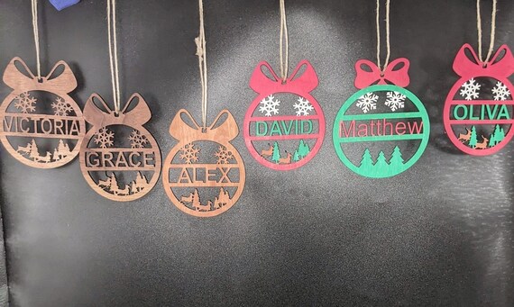 Hand Made Custom Name Christmas Ornaments Hand Painted, Cherry, or Walnut.  Laser Cut.