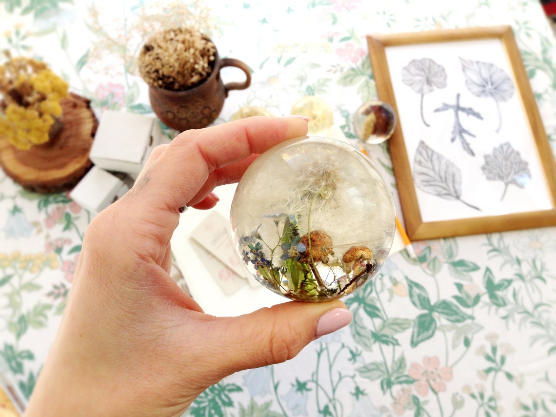 Resin Sphere Sculpture With Pressed Flowers and Mushrooms Etsy