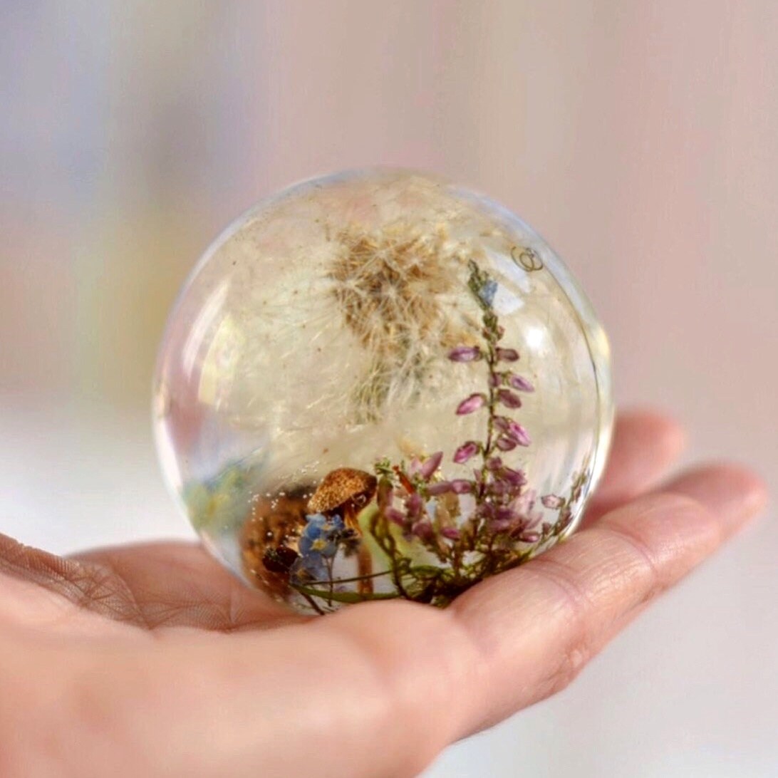 Resin sphere sculpture with pressed flowers and mushrooms Etsy
