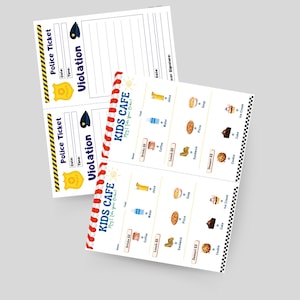 May include: Two printable police ticket templates with a yellow star and the word "Violation" in red.  The tickets are next to a printable menu for a "Kids Cafe" with a red and white striped awning.  The menu lists drinks, lunch, and dessert options with prices.