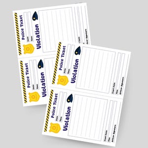 Puede incluir: Tres plantillas de tickets de policía imprimibles con una insignia y un sombrero de policía de dibujos animados. Los tickets tienen campos para la fecha, la hora, la infracción, la fecha del tribunal, la multa y la firma del oficial.