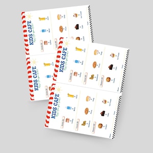 May include: A colourful menu for a kids cafe with a red, white and blue striped border. The menu lists drinks, lunch and dessert options with prices. The menu includes items like juice, water, coffee, soup, pizza, sandwich, cake, ice cream and cookies.