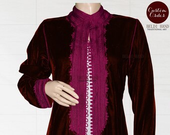 Women's Velvet Coat, Moroccan burgundy jacket, Handmade Long Tunic, Moroccan Jacket, Bohemian Velvet coat., Christmas Coat.
